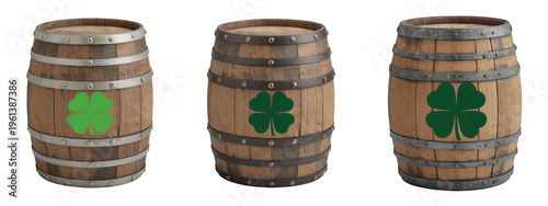 Wooden barrels with green shamrocks st patricks day isolated on a transparent background