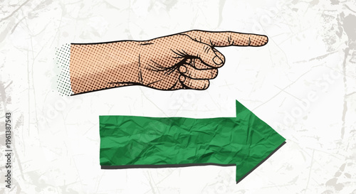 Comic style hand with pointing finger indicating direction towards a crumpled green arrow on a white textured background.