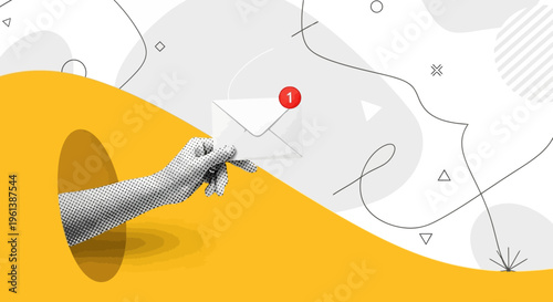 Hand emerging from a hole holding a red flag pin, symbolizing discovery or a marked location on a dynamic yellow and white abstract background.