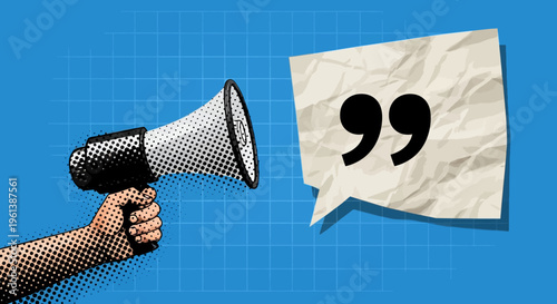 Hand holding a megaphone next to a crumpled paper speech bubble with double quotes, symbolizing a statement or quote on a blue grid background.