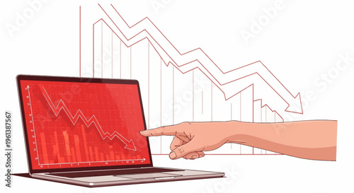 Hand pointing at a laptop screen displaying a red downward financial graph and arrows, symbolizing economic decline or market crash on a white background.