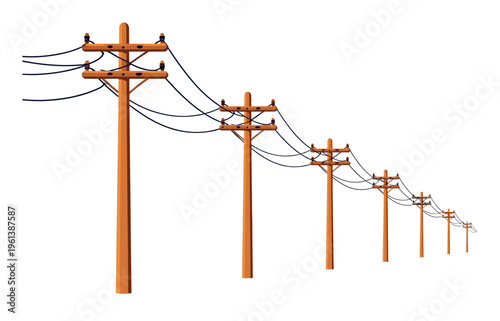 Row of wooden utility poles with multiple power lines extending into the distance, providing electricity and connection across a white background