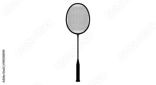 A black badminton racket displayed against a white background silhouette