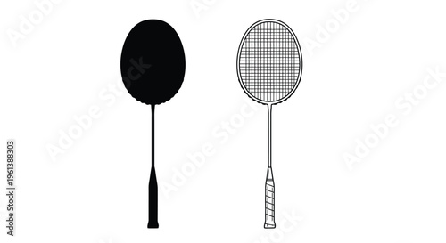 A badminton shuttlecock and racket depicted in stark black silhouette