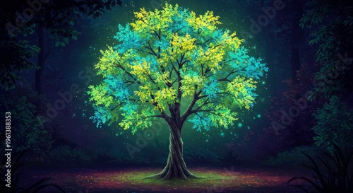 Tree with green and blue leaves.