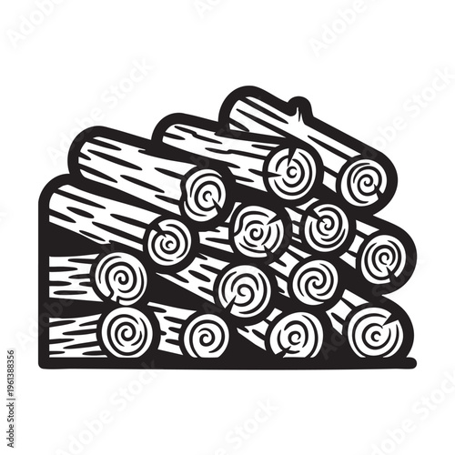 An illustration depicts stacked firewood logs with spiral ends in a neat pile.