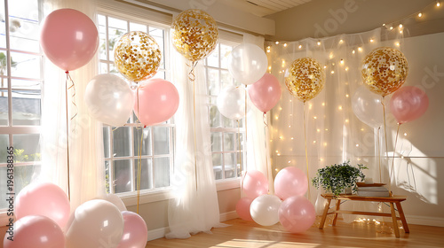 Elegant celebration setup with festive pink, white, and gold confetti balloons creating a joyful atmosphere for parties and events.