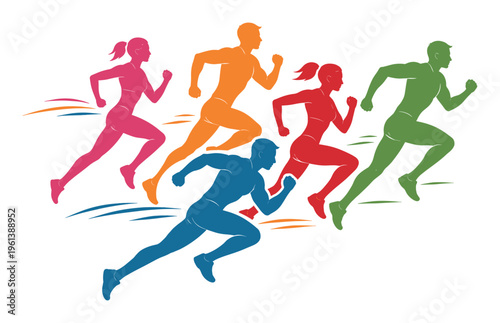 Silhouettes of diverse athletes competing in an energetic foot race, illustrating concepts of speed, fitness, and teamwork