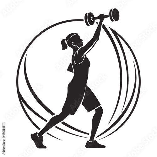 A woman in a dynamic pose lifting a dumbbell in a circular motion, symbolizing strength and fitness.