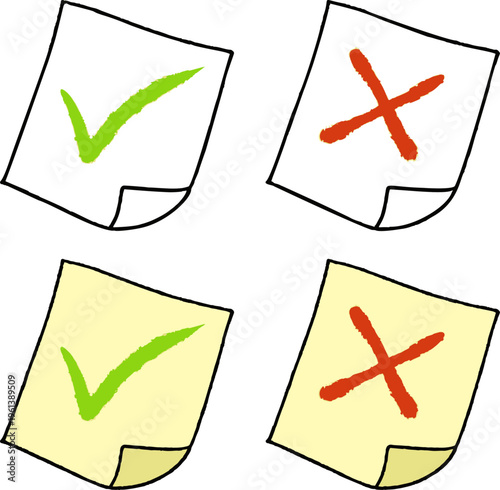 Checklist sticky note set, check mark and cross sign memo paper doodle. Approved and rejected message reminder, yes or no choice sticker, yellow notice paper collection. Sticky note checklist