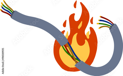 Broken wire fire, burning electric cable, short circuit damage hazard. Electrical cord flame danger, spark energy power accident. Broken wire fire industrial safety risk, ignite heat equipment.