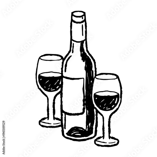 Wine bottle glasses set, hand drawn alcohol drink sketch, ink doodle beverage bottle clip art. Wine bottle winery tasting decor, grape drink restaurant menu print, minimal party wine glasses.