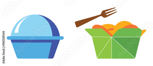 Takeout food container icon, symbol representing portable meals and takeaway service, disposable container for lunch or snacks, modern flat design, vector illustration isolated on white.