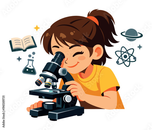 Girl happily looking into a microscope, surrounded by scientific symbols like a book, beaker, planet, and atom, representing STEM education and discovery