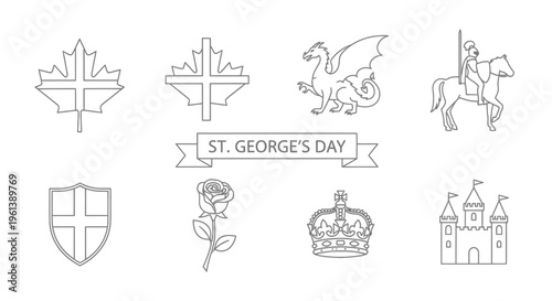 St George s Day themed illustrations including a dragon knight and canadian maple leaves