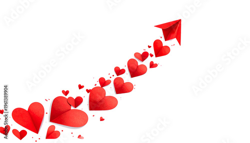 Red heart shapes morph into an upward arrow against a black background