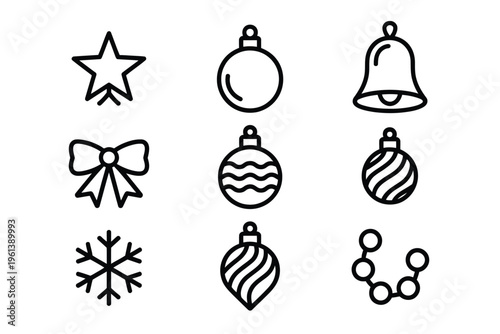 Christmas Decoration Outline Icons – Simple Black Line Set