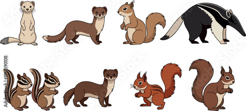 Cute woodland animals set including ferret chipmunk squirrel skunk and small forest wildlife cartoon vector illustration collection