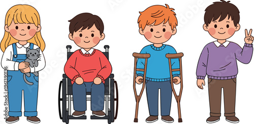 Cute inclusive children characters set featuring girl with cat boy in wheelchair child with crutches and happy kid illustration