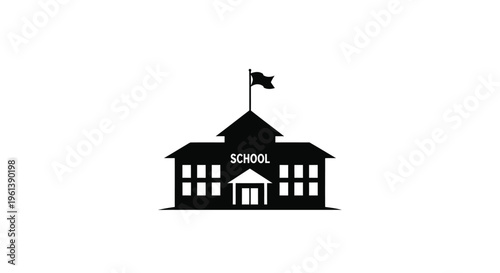 Simple black silhouette of a school building with a flag silhouette