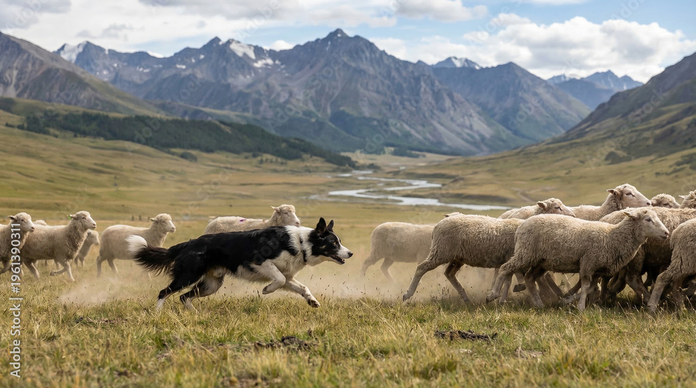 Fototapeta premium Border Collie Herding Sheep Across Grassy Field with Majestic Mountains