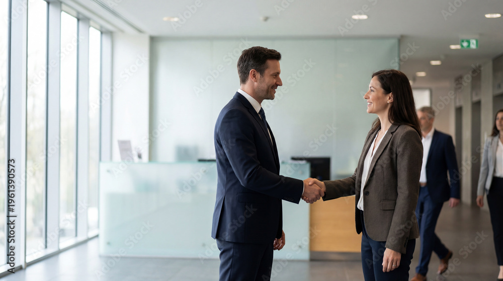 Fototapeta premium Business Professionals Shaking Hands in Modern Office Lobby Agreement Partnership