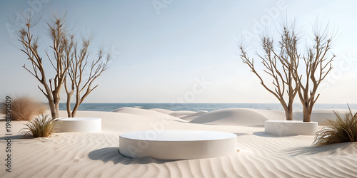 Minimal mockup background for product presentation. Podium and dry tree twigs branch with white sand beach on white background. 3d rendering illustration. Clipping path of each element included
