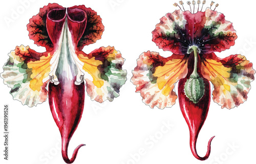 Watercolor Illustration of Exotic Aristolochia Flowers
