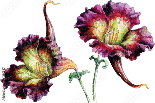 Watercolor Illustration of Two Vibrant Purple and Green Daylilies