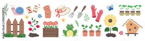 Large collection of cute gardening elements in flat cartoon style. Set includes plants in pots, sunflower, seedlings, watering tools, gloves, gardening fork and shovel, garden fence, seed packets
