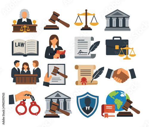 Legal system symbols illustrating law, justice, court proceedings, judge, lawyer, client, and related concepts