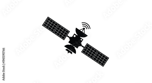 A black silhouette of a communication satellite in outer space