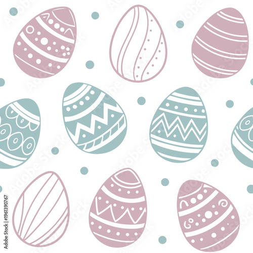 A colorful Easter-themed vector graphic featuring decorated eggs in pastel shades