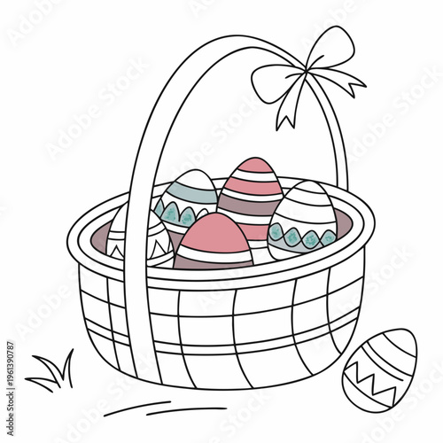 A colorful Easter basket filled with decorated eggs in a simple line art style