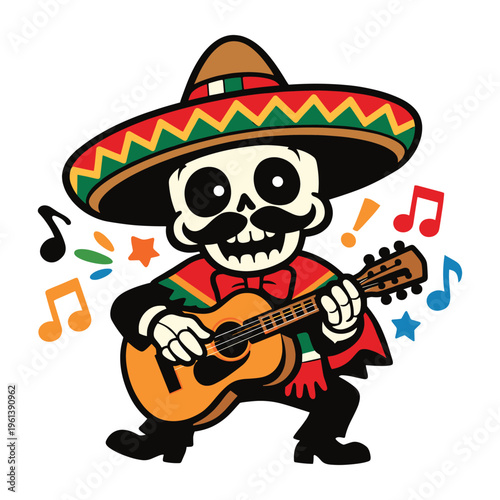 Cartoon skeleton wearing sombrero and poncho playing guitar with musical notes, celebrating a Mexican tradition