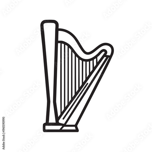 An illustration depicts a harp musical instrument in outline style on a white background.