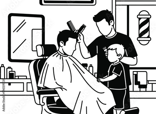Man getting hair cut by barber with child in a barbershop