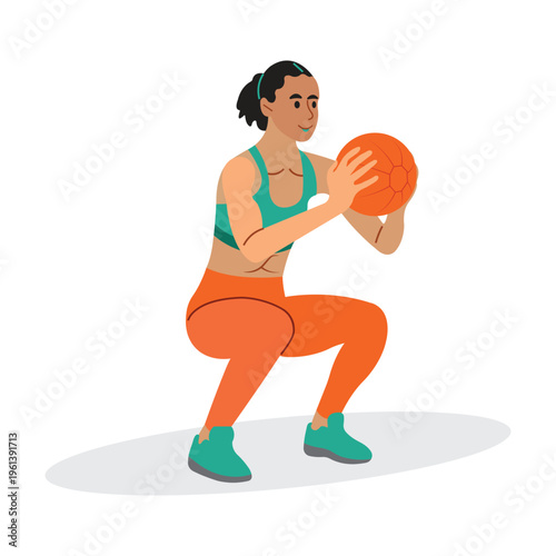 Woman in athletic wear doing a squat with an orange ball vector
.