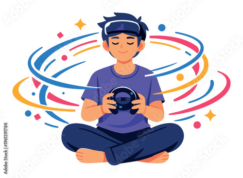 User enjoying immersive virtual reality experience, navigating digital metaverse with VR headset and controller while sitting cross-legged