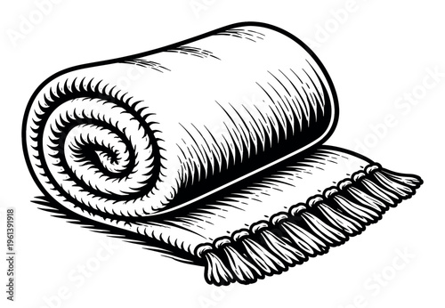 Rolled textile blanket or towel with fringe, depicting cozy warmth and relaxation in a hand-drawn, vintage-style illustration