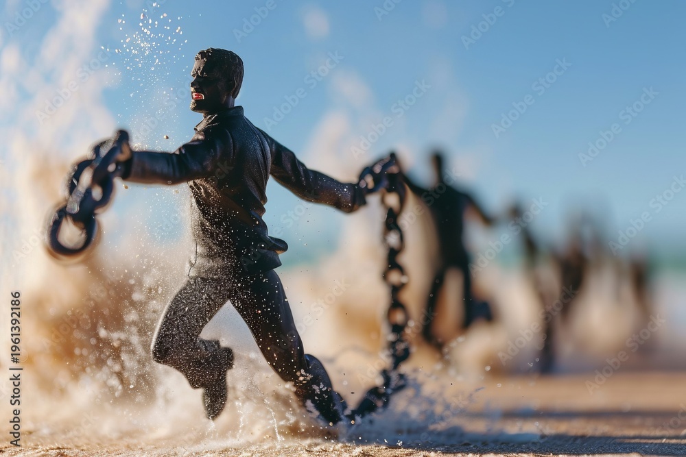 Naklejka premium Among splashing waves, small figurines run tethered by chains, illustrating themes of resilience and struggle against limitations while capturing a dynamic and emotive seaside scene.