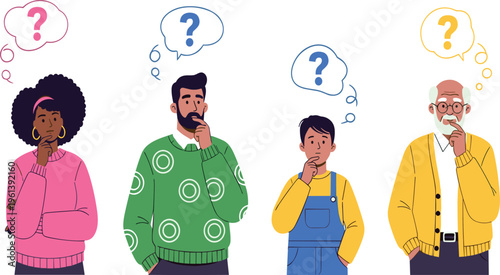 Set of diverse people thinking with question marks confused characters brainstorming problem solving concept cartoon vector illustration collection