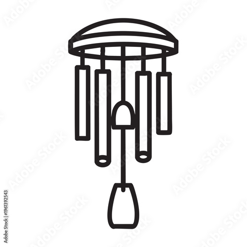 An outline illustration of a wind chime hangs freely outdoors.