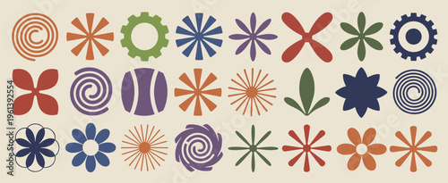 Collection of abstract geometric and floral shapes in muted colors