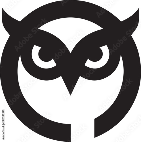 Large black owl face logo on white background minimalist design