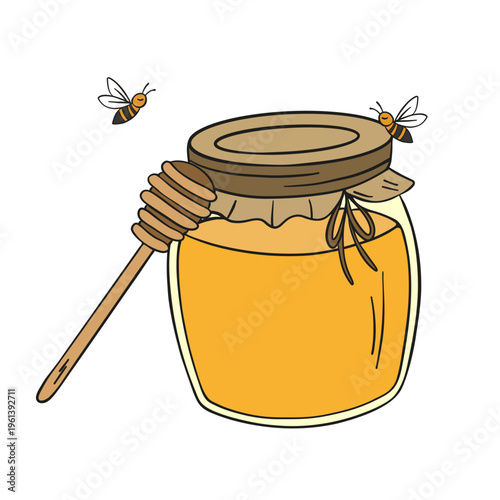 Hand-drawn illustration of a jar filled with rich golden  honey drips, honeycomb, and bees. Warm and appetizing composition highlighting natural sweetness and organic quality 