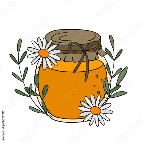 Hand-drawn illustration of a jar filled with rich golden  honey drips, honeycomb, and bees. Warm and appetizing composition highlighting natural sweetness and organic quality 