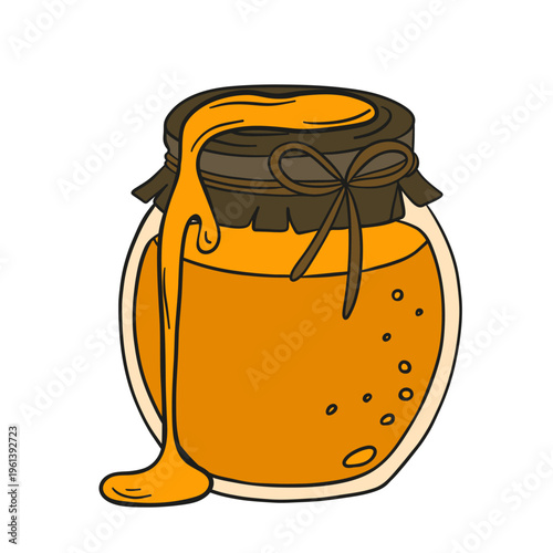 Hand-drawn illustration of a jar filled with rich golden  honey drips, honeycomb, and bees. Warm and appetizing composition highlighting natural sweetness and organic quality 