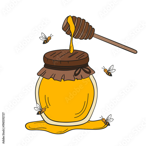 Hand-drawn illustration of a jar filled with rich golden  honey drips, honeycomb, and bees. Warm and appetizing composition highlighting natural sweetness and organic quality 