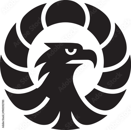 Black eagle head with spread wings in circular motion graphic design